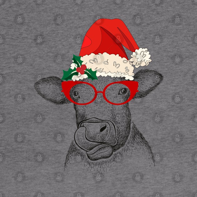 Cow lick with glasses and Santa hat with holly/ Christmas Cow Christmas/ Cow in Santa Hat/ Santa Hat/ Cow santa/ Cow Drawing by UranusArts